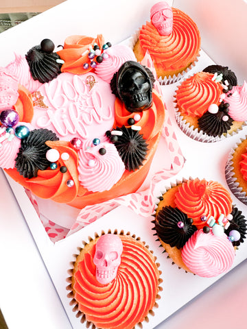 Halloween Bento Cake with five matching cupcakes